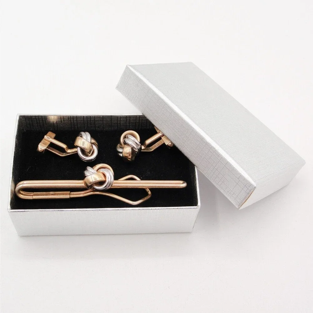 Vintage Swank Two Tone Gold Silver Love Knot Cufflinks Tie Clip Set Mens Jewelry